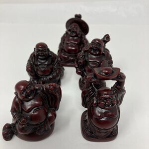 5 Laughing Buddha Statues Figurines Red Resin Poses Mini Figures Vintage